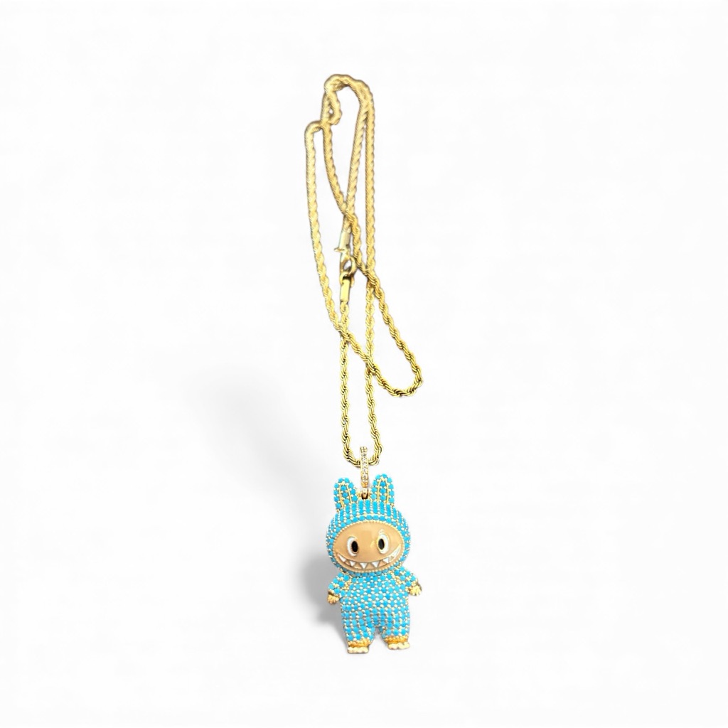 Gold And Blue Labubu Pendant Necklace